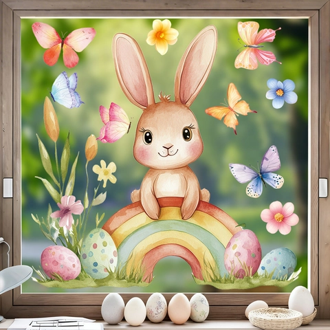 Easter Window Clings Static Sticker PVC Watercolor Cartoon Bunny Rainbow Decorative Glass Film For Holiday Home Decor