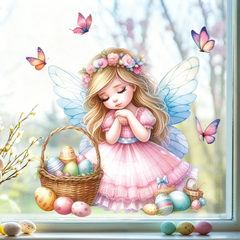 Easter Window Cling Static PVC Sticker Fairy Girl Colorful Eggs Butterfly Cartoon Decorative Decal For Glass