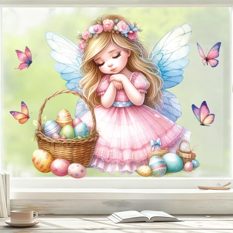 Easter Window Cling Static PVC Sticker Fairy Girl Colorful Eggs Butterfly Cartoon Decorative Decal For Glass