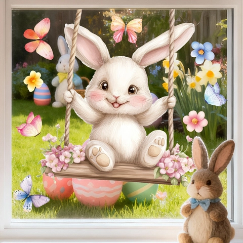 Easter Bunny Window Cling Static PVC Sticker Removable Watercolor Rabbit On Swing Butterfly Flower Decal Home Glass Decoration