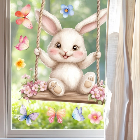 Easter Bunny Window Cling Static PVC Sticker Removable Watercolor Rabbit On Swing Butterfly Flower Decal Home Glass Decoration