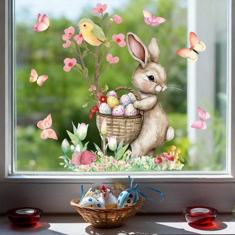 Easter Window Stickers PVC Static Cling Reusable Rabbit Egg Butterfly Spring Floral Glass Decor Home Office Holiday
