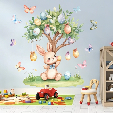 Easter Window Clings Static Stickers PVC Watercolor Bunny Tree Colorful Egg Butterfly Decoration Glass Home Kids Room