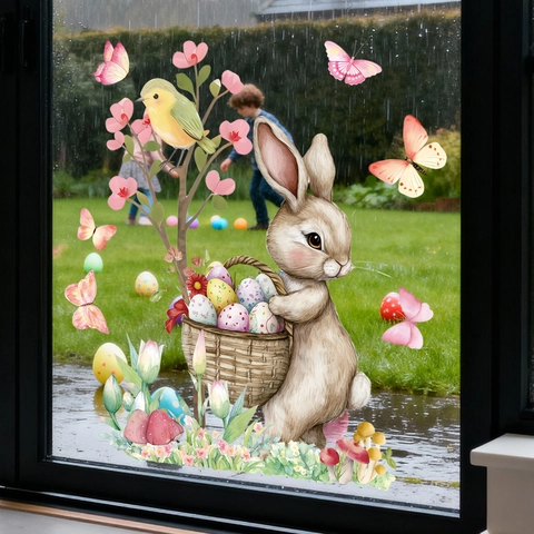 Easter Window Stickers PVC Static Cling Reusable Rabbit Egg Butterfly Spring Floral Glass Decor Home Office Holiday