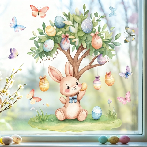 Easter Window Clings Static Stickers PVC Watercolor Bunny Tree Colorful Egg Butterfly Decoration Glass Home Kids Room