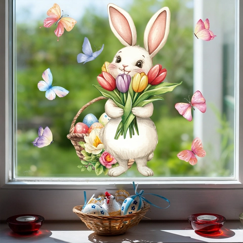 Easter Window Clings Static Stickers White Rabbit Colorful Eggs Butterfly Watercolor PVC Glass Decoration Holiday Ornament