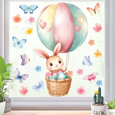Easter Wall Stickers PVC Watercolor Cartoon Rabbit Hot Air Balloon Butterfly Window Decals For Kids Nursery Room Decor