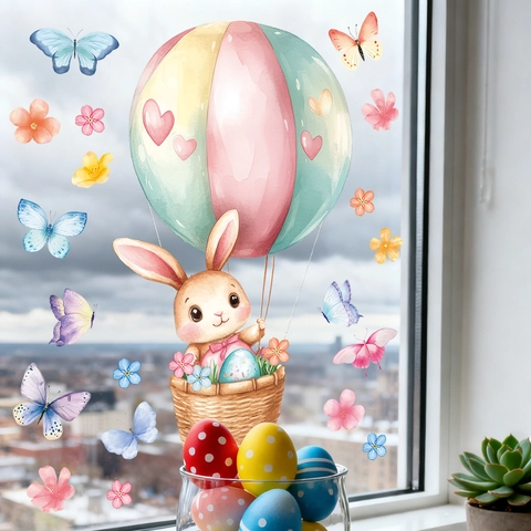 Easter Wall Stickers PVC Watercolor Cartoon Rabbit Hot Air Balloon Butterfly Window Decals For Kids Nursery Room Decor