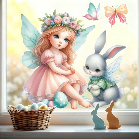Easter Window Clings Static PVC Sticker Fairy Angel Winged Bunny Colorful Eggs Removable Glass Decor
