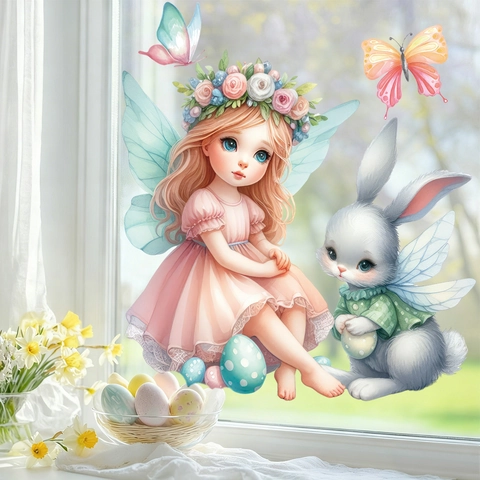 Easter Window Clings Static PVC Sticker Fairy Angel Winged Bunny Colorful Eggs Removable Glass Decor