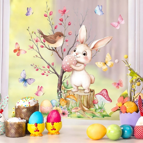 Easter Wall Stickers Watercolor Bunny Bird Butterfly Static Cling Window Decals PVC Home Decor Spring Holiday