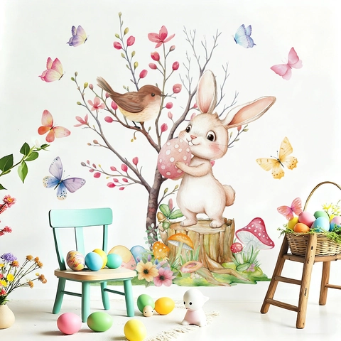Easter Wall Stickers Watercolor Bunny Bird Butterfly Static Cling Window Decals PVC Home Decor Spring Holiday