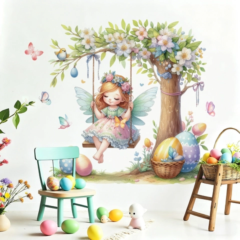 Easter Wall Stickers PVC Static Window Clings Watercolor Fairy Swing Flower Tree Colorful Eggs Butterfly Spring Decor