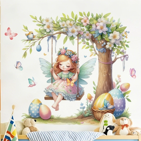 Easter Wall Stickers PVC Static Window Clings Watercolor Fairy Swing Flower Tree Colorful Eggs Butterfly Spring Decor