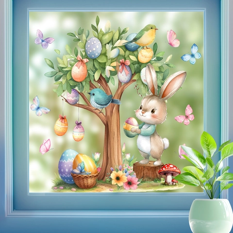 Easter Window Stickers PVC Static Cling Cartoon Rabbit Egg Tree Watercolor Holiday Decor For Living Room Glass