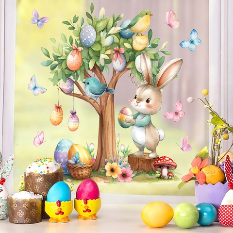 Easter Window Stickers PVC Static Cling Cartoon Rabbit Egg Tree Watercolor Holiday Decor For Living Room Glass