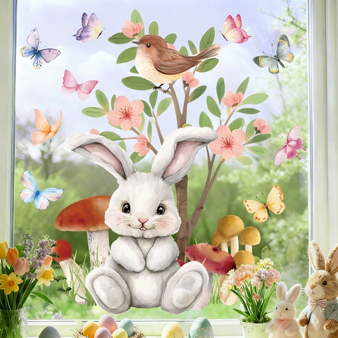 Easter Window Clings Watercolor Bunny Butterfly Static Stickers Waterproof PVC Glass Decals For Nursery Home Decor