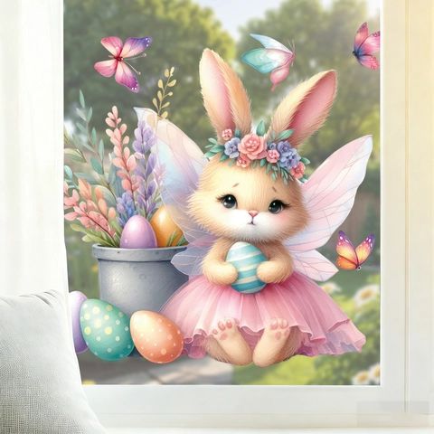 Easter Static Window Sticker Cute Angel Bunny Fairy Dress Eggs Butterflies PVC Decal For Holiday Decoration