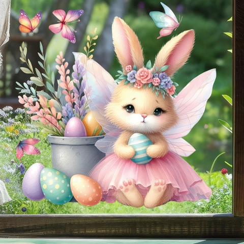 Easter Static Window Sticker Cute Angel Bunny Fairy Dress Eggs Butterflies PVC Decal For Holiday Decoration