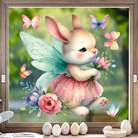 Easter Static Cling Window Stickers PVC Cute Angel Bunny Rabbit Wings Butterfly Flower Watercolor Removable Spring Glass Decor
