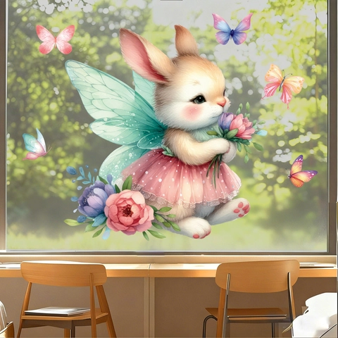 Easter Static Cling Window Stickers PVC Cute Angel Bunny Rabbit Wings Butterfly Flower Watercolor Removable Spring Glass Decor