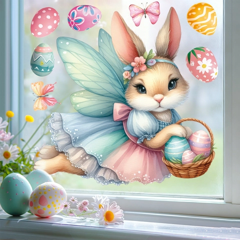 Adesivi Per Finestre Di Pasqua Fata Coniglio Uova Colorate Farfalla Decalcomanie Statiche PVC Decorazione