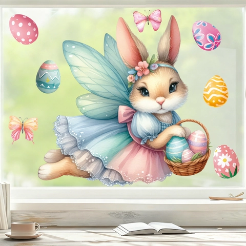 Adesivi Per Finestre Di Pasqua Fata Coniglio Uova Colorate Farfalla Decalcomanie Statiche PVC Decorazione
