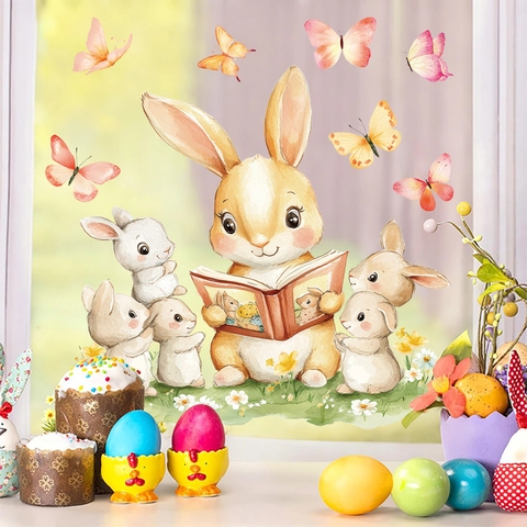 Easter Window Cling Stickers Static PVC Cartoon Bunny Rabbit Butterfly Spring Home Decoration Reusable Glass Decals