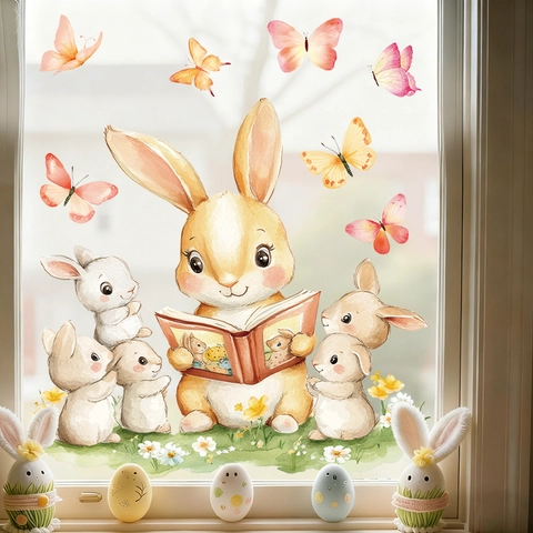 Easter Window Cling Stickers Static PVC Cartoon Bunny Rabbit Butterfly Spring Home Decoration Reusable Glass Decals