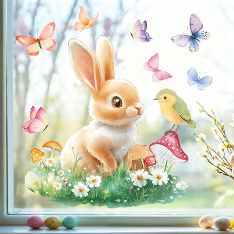 Easter Window Clings Static Stickers Watercolor Bunny Rabbit Bird Butterfly Mushroom Decor For Glass Door