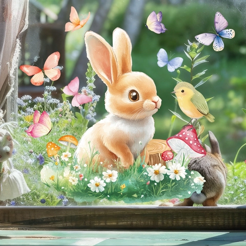 Easter Window Clings Static Stickers Watercolor Bunny Rabbit Bird Butterfly Mushroom Decor For Glass Door