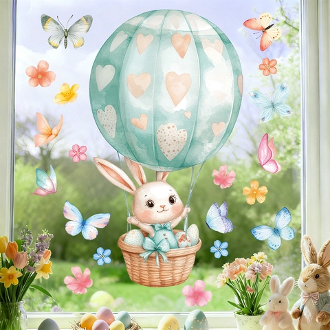 Easter Bunny Hot Air Balloon Window Stickers PVC Static Cling Watercolor Butterfly Flower Decals Kids Room Home Decor