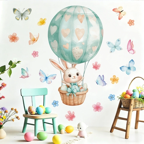Easter Bunny Hot Air Balloon Window Stickers PVC Static Cling Watercolor Butterfly Flower Decals Kids Room Home Decor