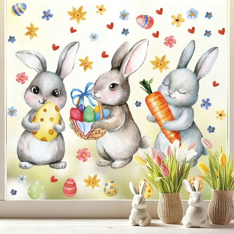 Easter Window Clings Static PVC Double Sided Watercolor Rabbit Eggs Carrots Flower Heart Removable Glass Decals Home Holiday Decor