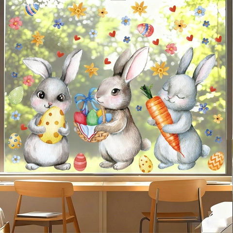 Easter Window Clings Static PVC Double Sided Watercolor Rabbit Eggs Carrots Flower Heart Removable Glass Decals Home Holiday Decor