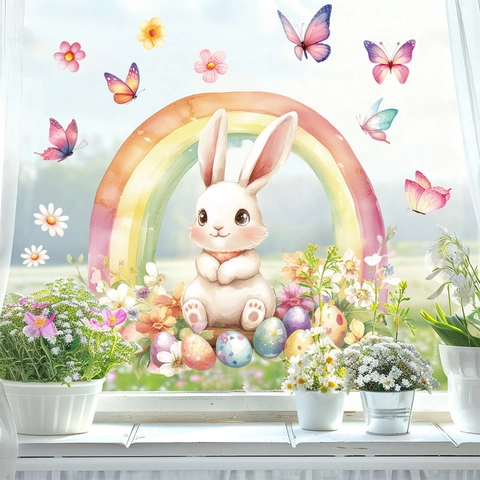 Easter Window Stickers PVC Static Cling Rainbow Cartoon Rabbit Hand Painted Watercolor Spring Flower Egg Glass Decor