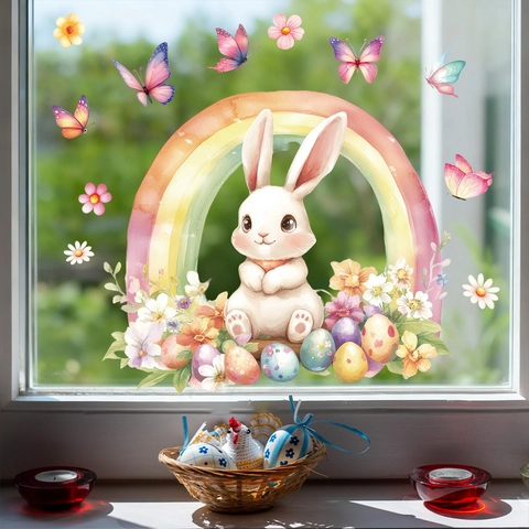 Easter Window Stickers PVC Static Cling Rainbow Cartoon Rabbit Hand Painted Watercolor Spring Flower Egg Glass Decor