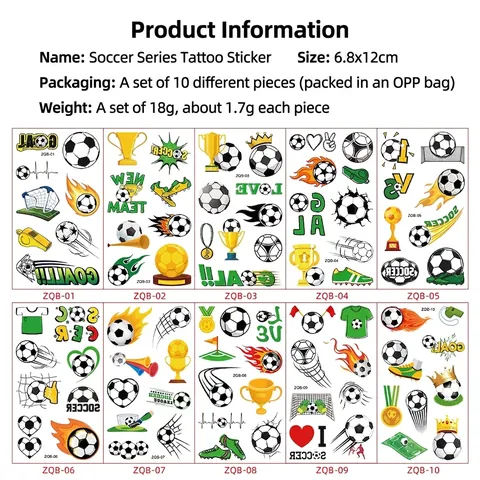 10 Fogli Tatuaggi Temporanei da Calcio per Bambini Impermeabile Tema Calcio Festa di Compleanno Bomboniere Sport Adesivi per il Corpo