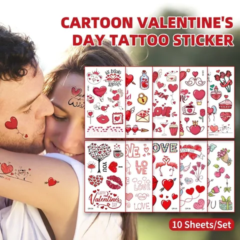 Tatouages Temporaires Cœur Autocollants Corps Imperméables Thème Saint Valentin Motifs Dessins Animés Art Corporel Couples Enfants