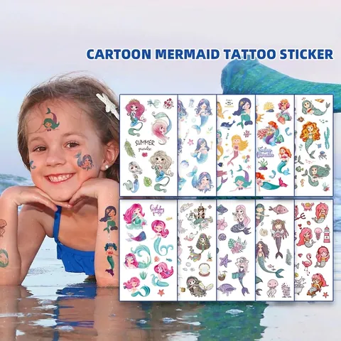Adesivi Per Tatuaggi Temporanei A Sirena Per Bambini Impermeabili Resistenti Al Sudore Animali Marini Tema Oceano Body Art Festa