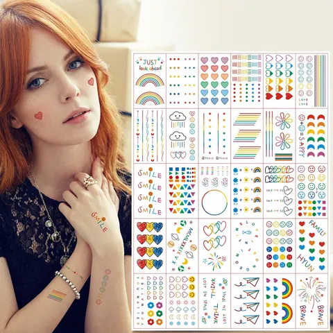 Colorful Temporary Tattoo Stickers Waterproof Cute Heart Rainbow Cartoon Pattern Body Art For Women Men Kids