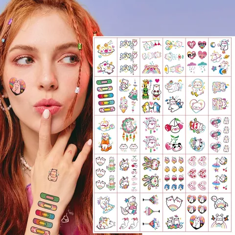 Colorful Temporary Tattoo Stickers Waterproof Cute Heart Rainbow Cartoon Pattern Body Art For Women Men Kids