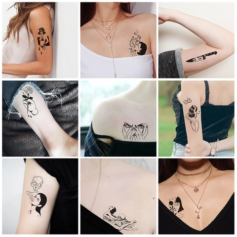 Adesivi Per Tatuaggi Temporanei Impermeabili Nero Bianco Arte Lineare Oscuro Gotico Sexy Arte Del Corpo Per Donne Uomini Coppie