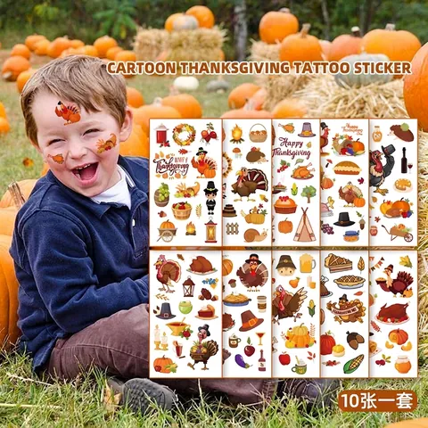Tatuaggi Temporanei Del Ringraziamento Adesivi Impermeabile Cartone Animato Tacchino Zucca Foglia Di Acero Per Bambini Festa