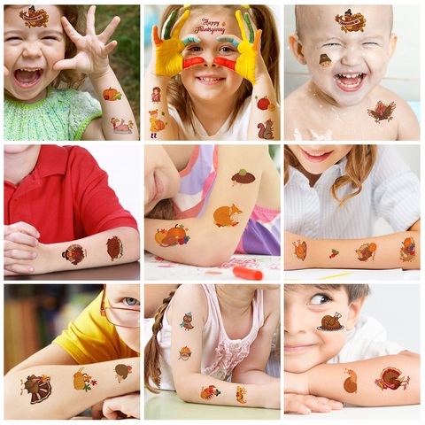 Tatuaggi Temporanei Del Ringraziamento Adesivi Impermeabile Cartone Animato Tacchino Zucca Foglia Di Acero Per Bambini Festa