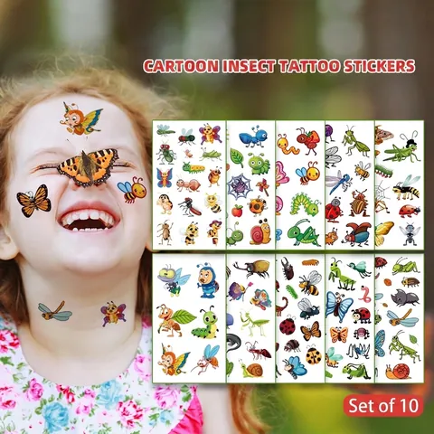 10 Fogli Tatuaggi Temporanei Insetti Cartoni Animati Per Bambini Impermeabili Resistenti Al Sudore Farfalla Ape Coccinella Arte Del Corpo Per Festa Di Compleanno