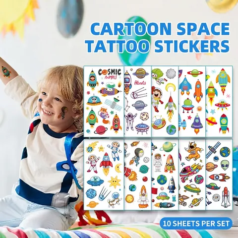 Tatuaggi Temporanei Bambini Adesivi Tema Spazio Astronauta Razzo UFO Pianeta Impermeabile Usa E Getta Cartone Animato Illustrazioni