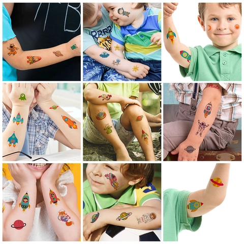 Tatuaggi Temporanei Bambini Adesivi Tema Spazio Astronauta Razzo UFO Pianeta Impermeabile Usa E Getta Cartone Animato Illustrazioni