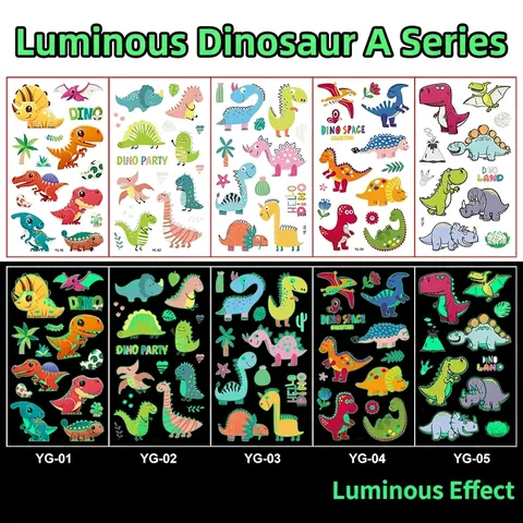 Tatuaggi Temporanei Dinosauro Luminosi Adesivi Che Brillano Al Buio Cartone Animato Impermeabile Per Feste Di Bambini