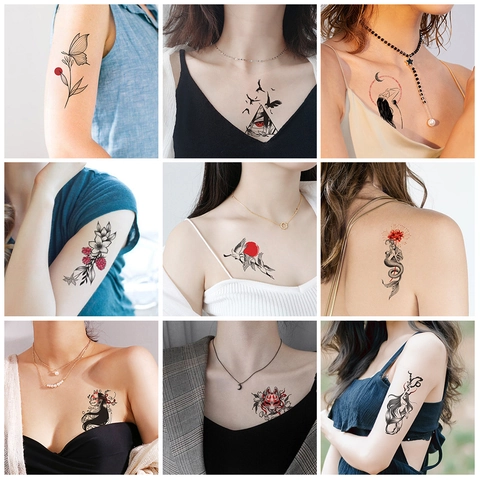 Temporary Tattoo Stickers Waterproof Sweatproof Japanese Style Fox Mask Flower Dark Mermaid Body Art Unisex